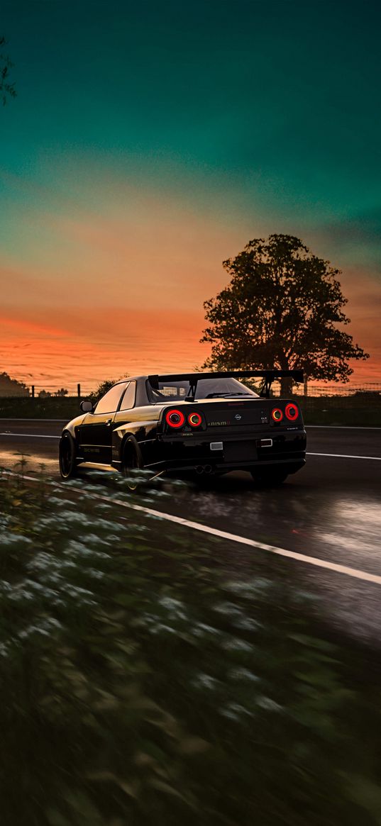 nissan gtr, nissan, sports car, car, black, road, speed, sunset