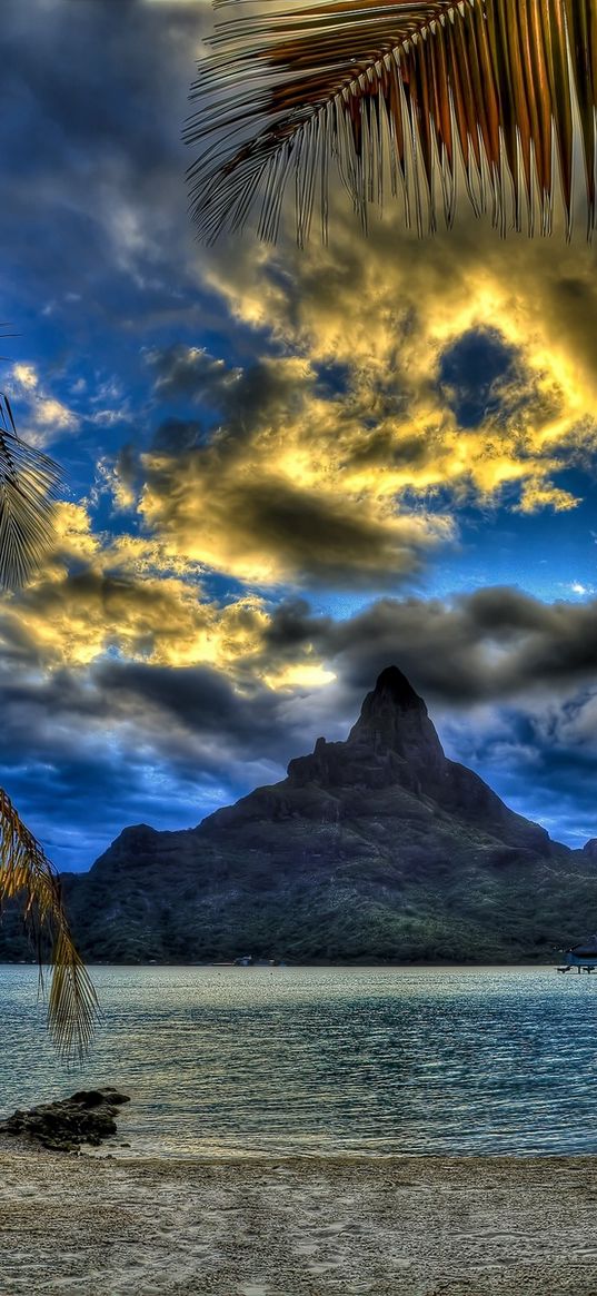 beach, sea, mountain, top, clouds, palm trees, sand, branches