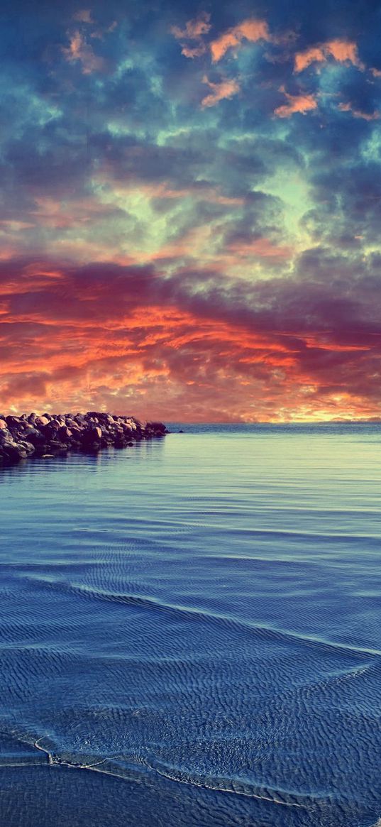 stones, construction, sea, breakwater, water, bottom, stains, small, clouds, evening, decline, horizon