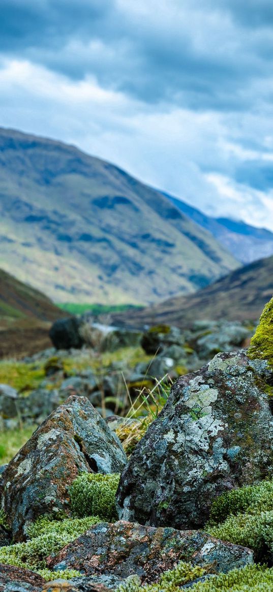 stones, moss, mountains, hollow, sky, cloudy