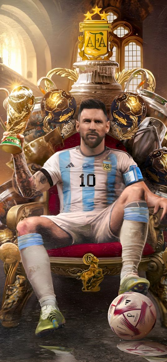 lionel messi, football player, cup, ball, throne, football, sport, art