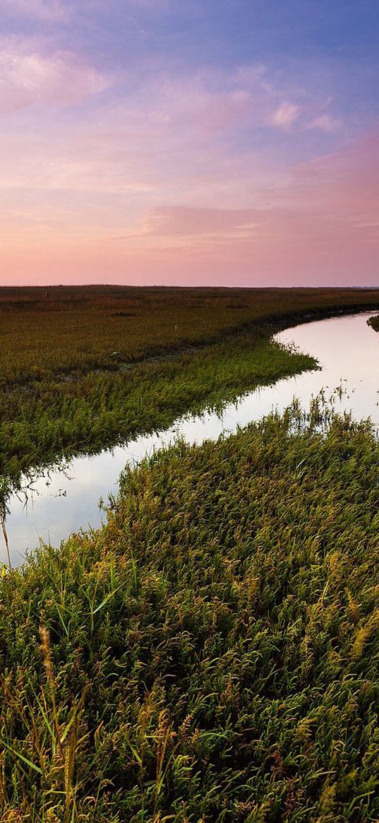 field, channel, water, irrigation, evening, grass, vegetation, beacon