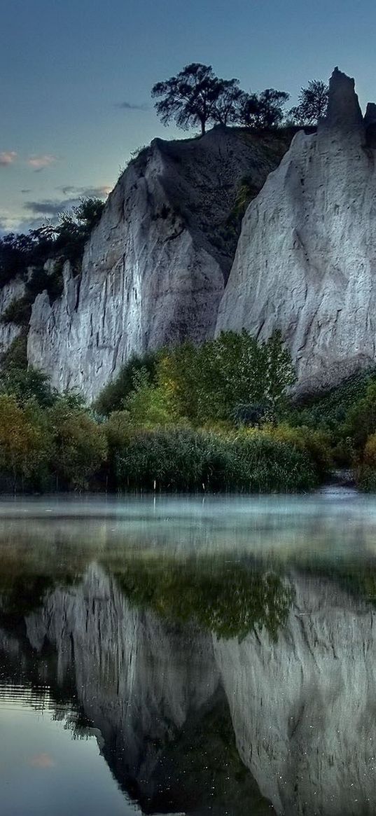 mountains, rocks, water smooth surface, evening, silence