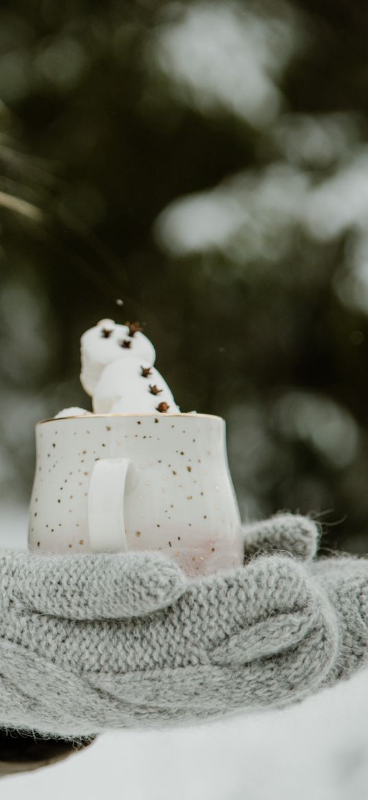 snowman, cup, mittens, snow, winter