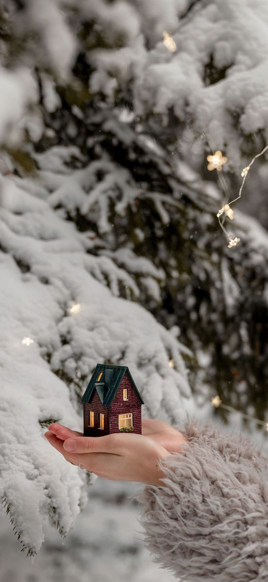 house, decor, garland, hands, snow, forest, winter