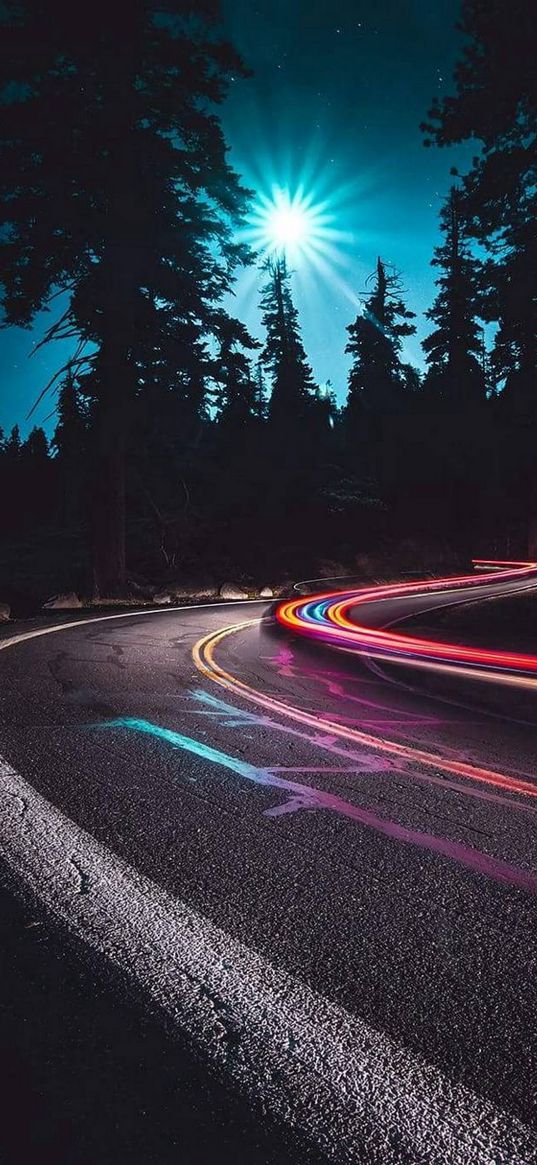 road, light, long exposure, forest