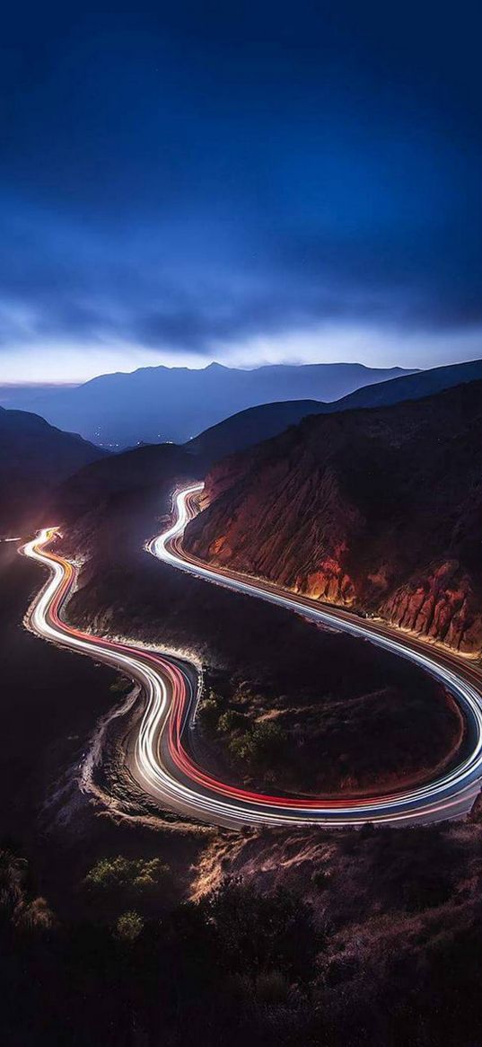 road, mountain, clouds, landscape, light, long exposure