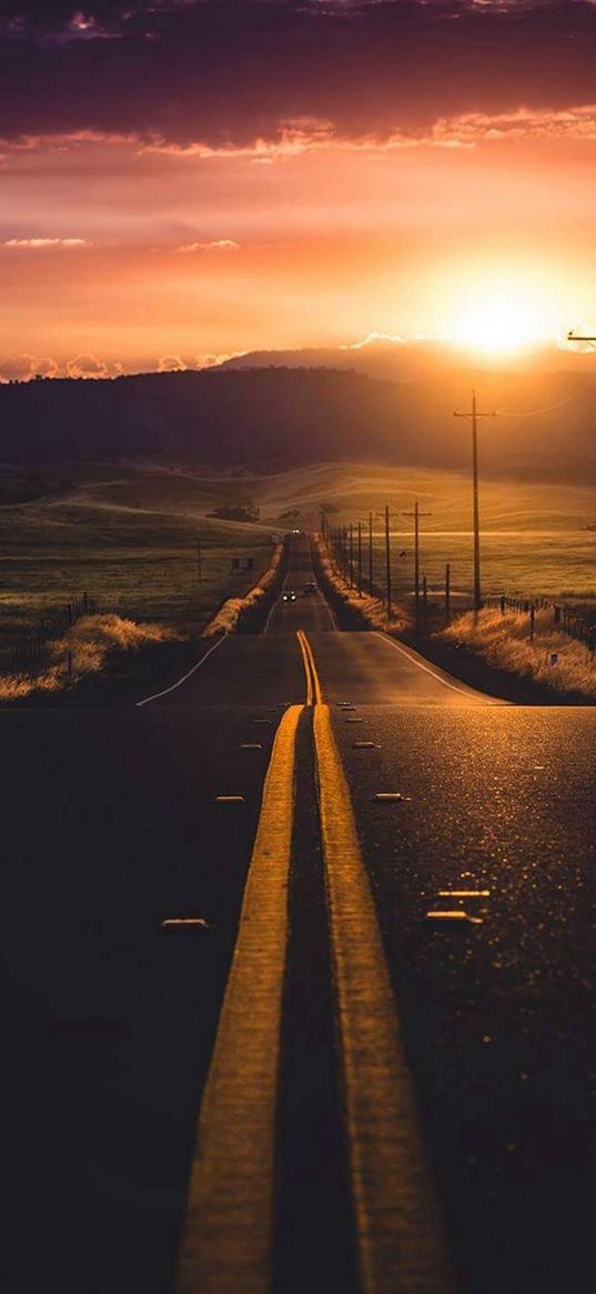 road, savannah, electric pole, clouds, sunset