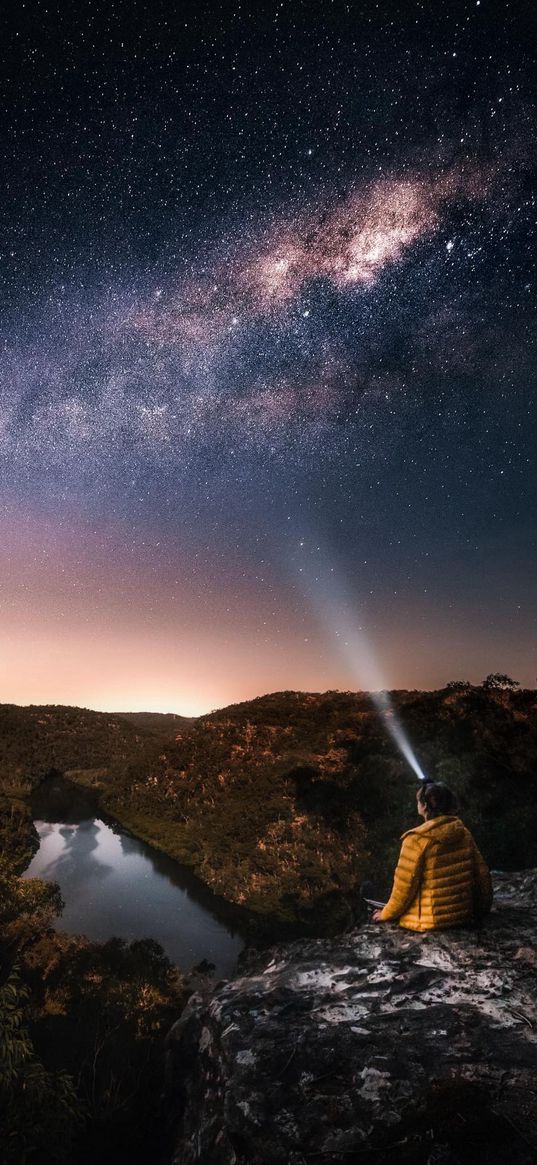 human, lake, savannah, mountain, hillside, nebulae, milky way, stars, night