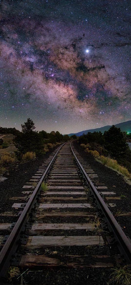 railway, savannah, trees, mountain, milky way, stars