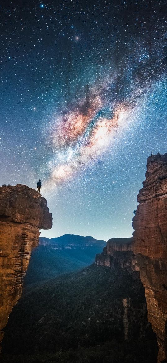 human, mountain, valley, hillside, forest, milky way