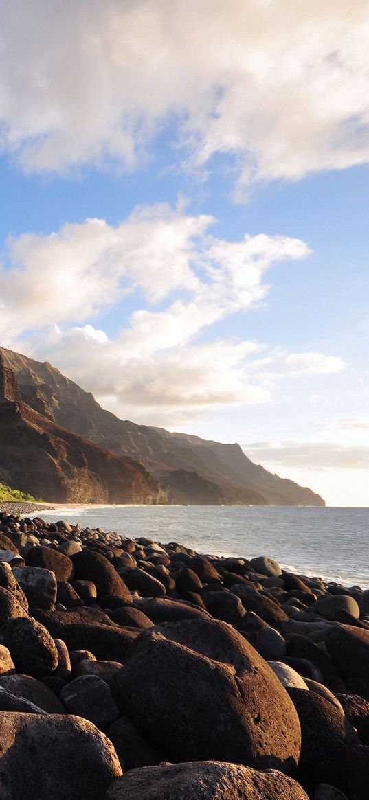 stones, rocks, reservoir, coast, boulders, sun