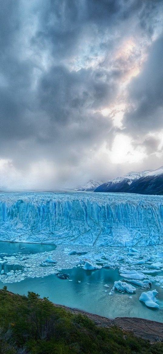 glacier, sky, clouds, mountains, trees, cold