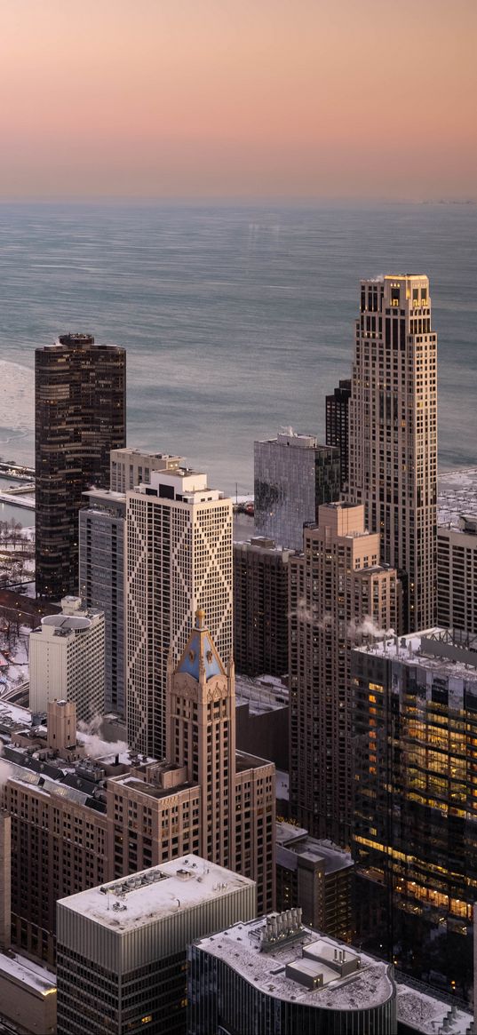 skyscrapers, buildings, city, coast, ice, chicago, aerial view