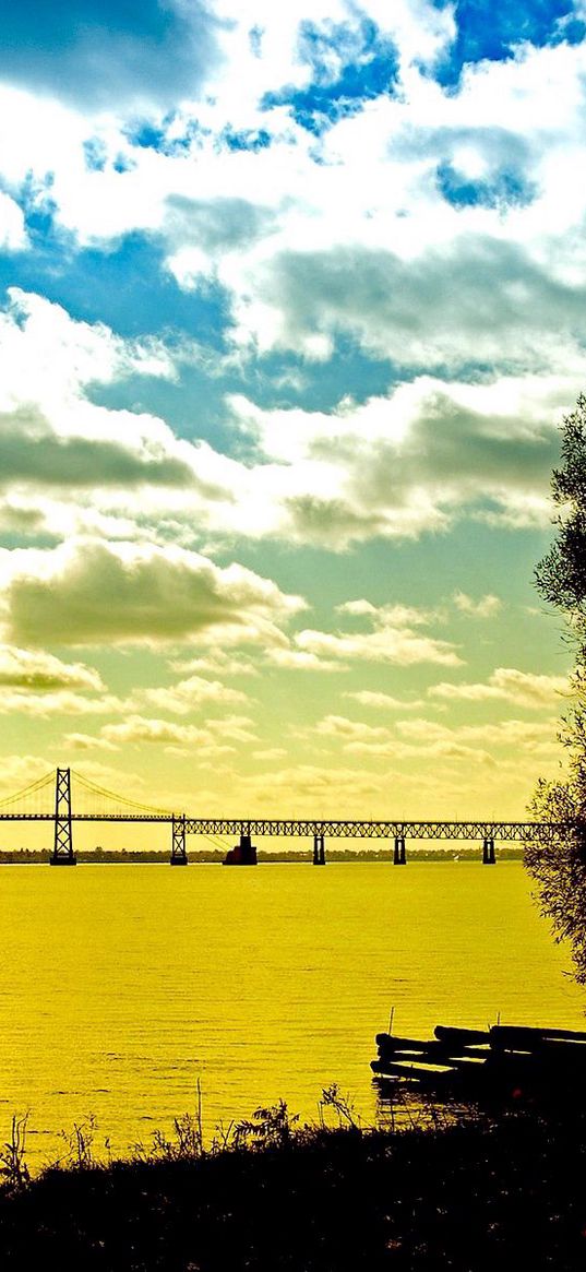 clouds, sky, water, coast, tree, bridge, morning, colors