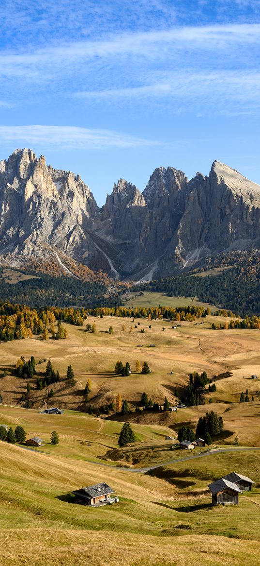 mountain, valley, lowland, village, landscape, nature