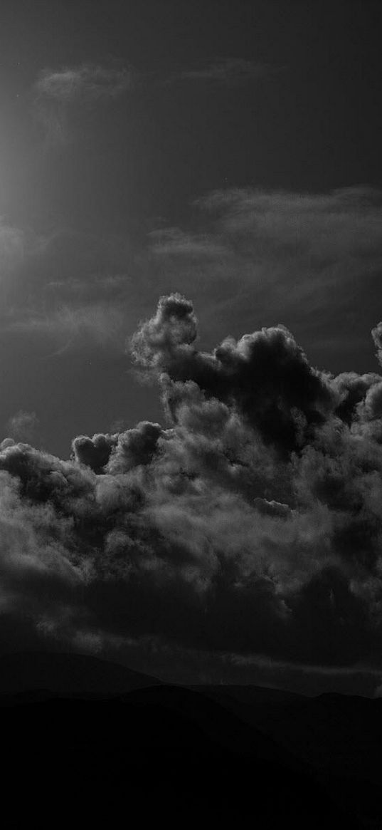 moon, clouds, sky, black-and-white