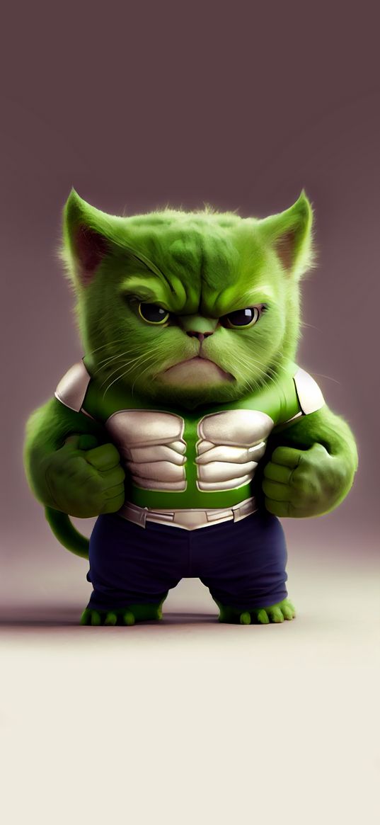 kitten, superhero, hulk, art, green