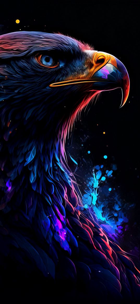 eagle, bird, lights, splash, red, blue, art