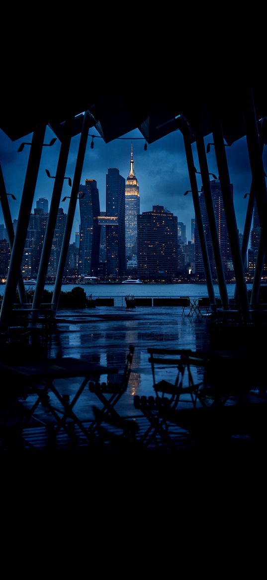 city, lights, puddles, chairs, tables, dark