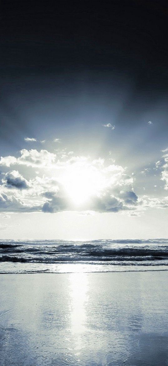 coast, beach, sun, clouds, beams, sand, black-and-white