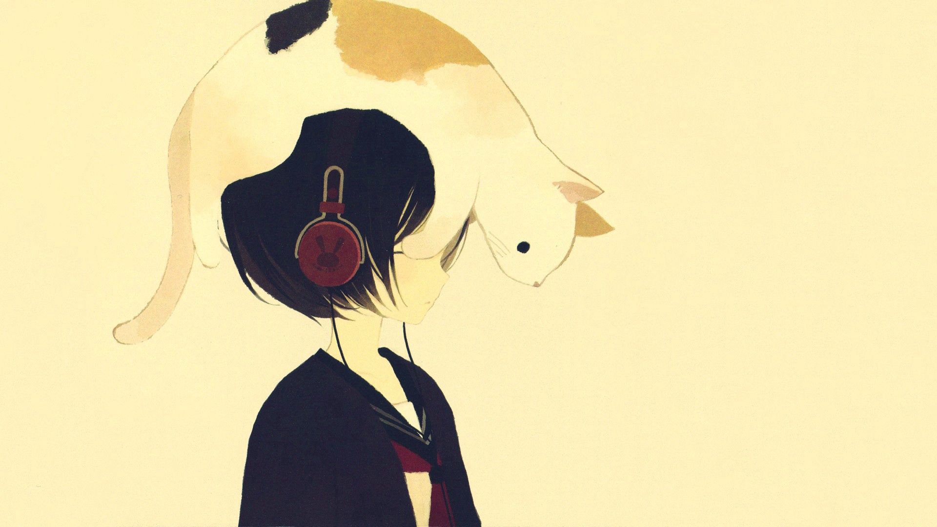 drawing, cat, headphones, tenderness