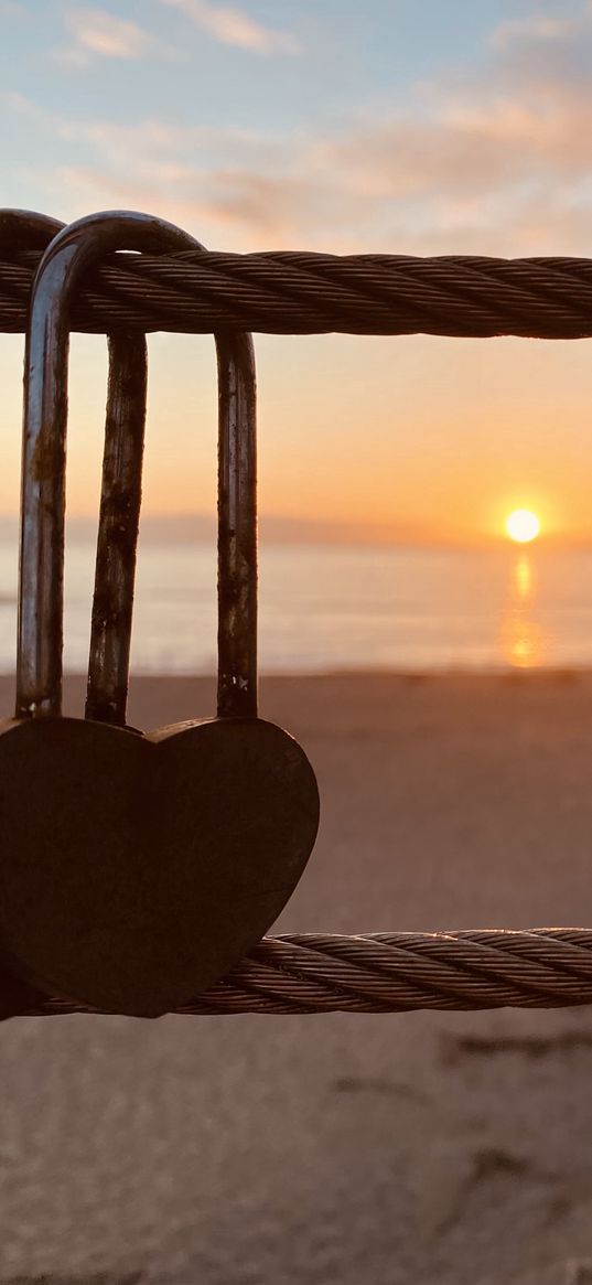 locks, hearts, love, romance, beach, sea, sun, sunset, evening