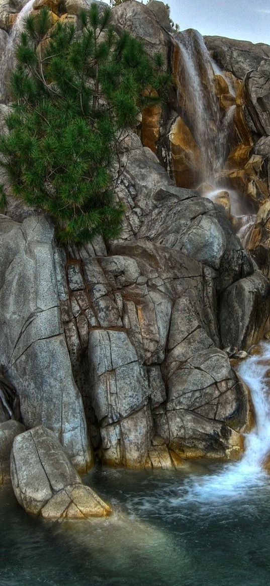 stones, falls, greens, vegetation