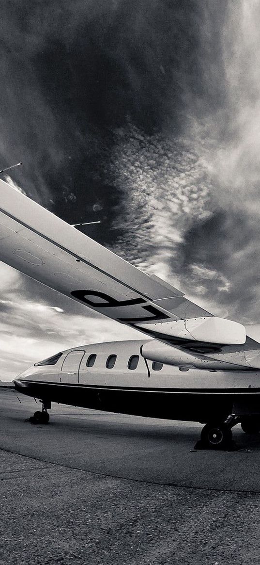 aircraft, runway, night, black and white