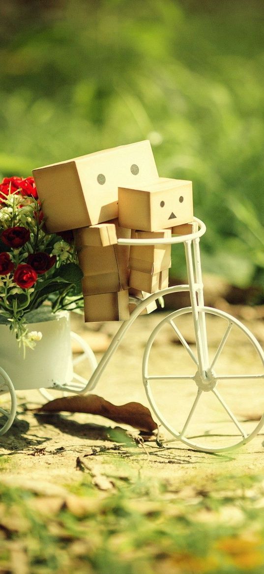 danboard, bicycle, cardboard robots, flowers, grass