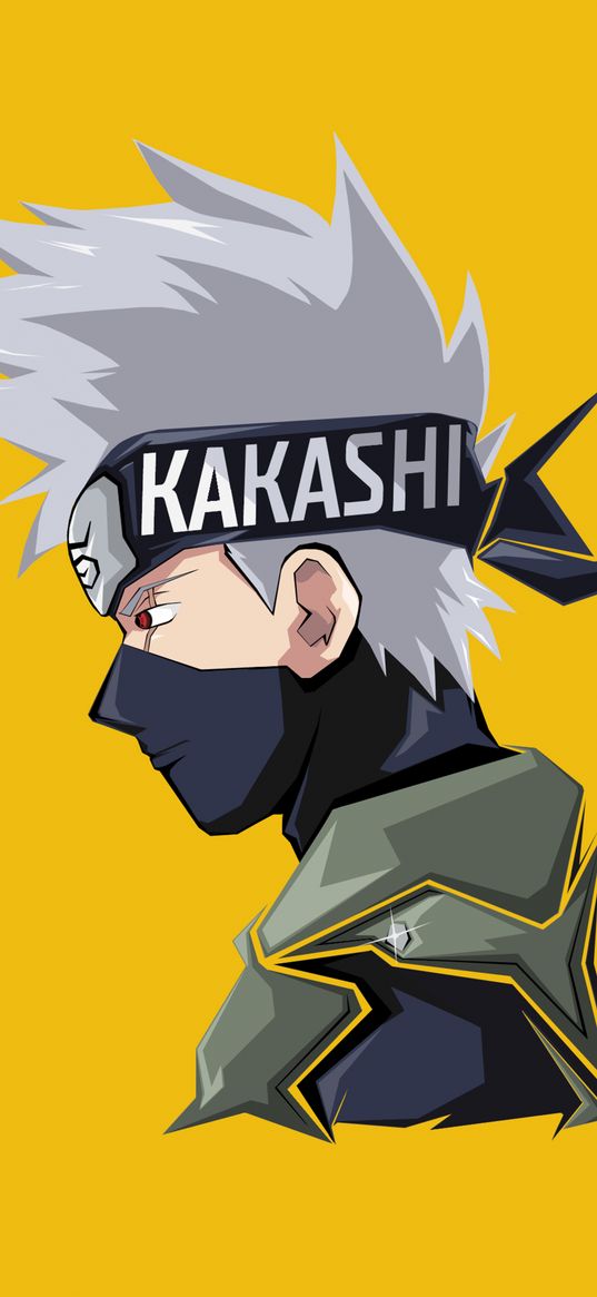 kakashi hatake, naruto, anime, character, headband, yellow background, art