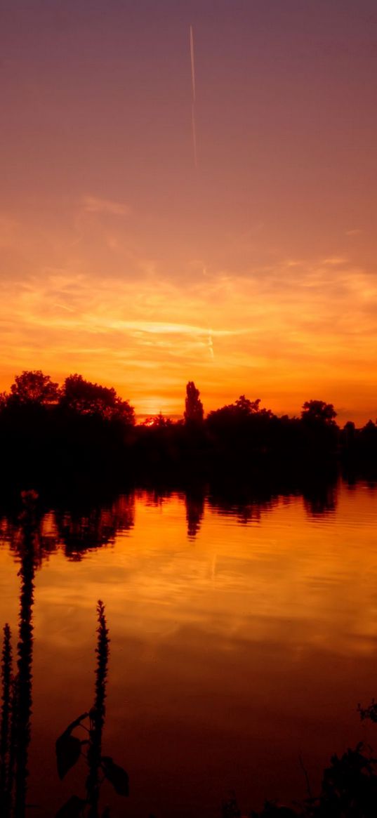 decline, evening, orange, lake, horizon