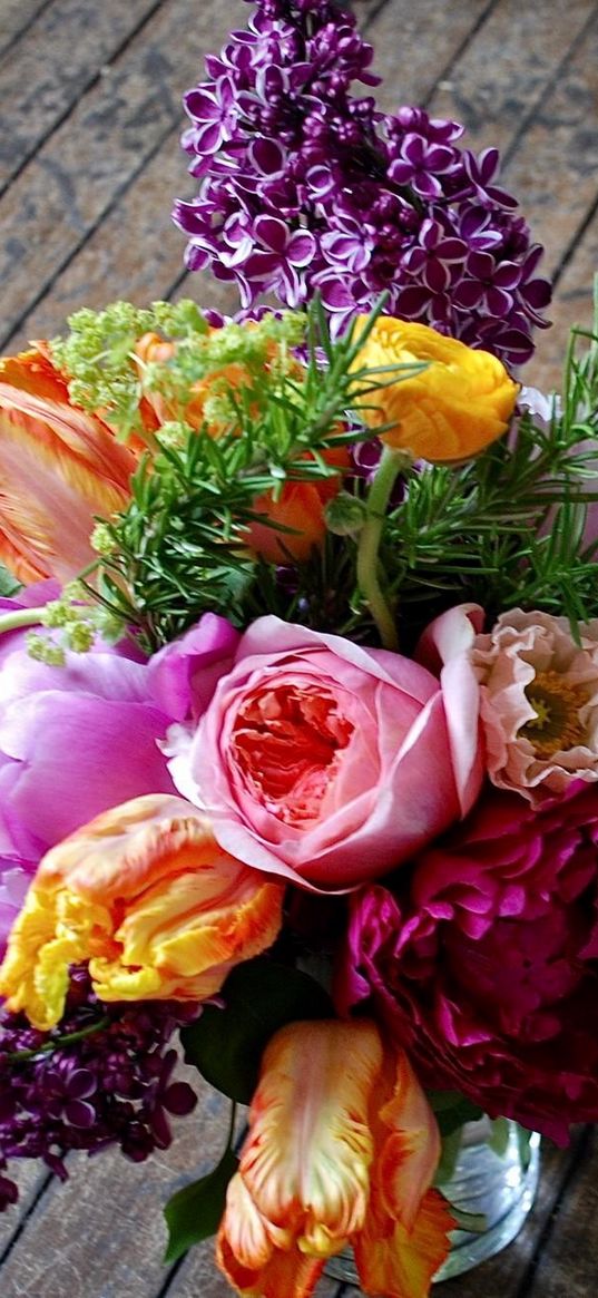 tulips, lilacs, ranunkulyus, bouquet, vase, floor