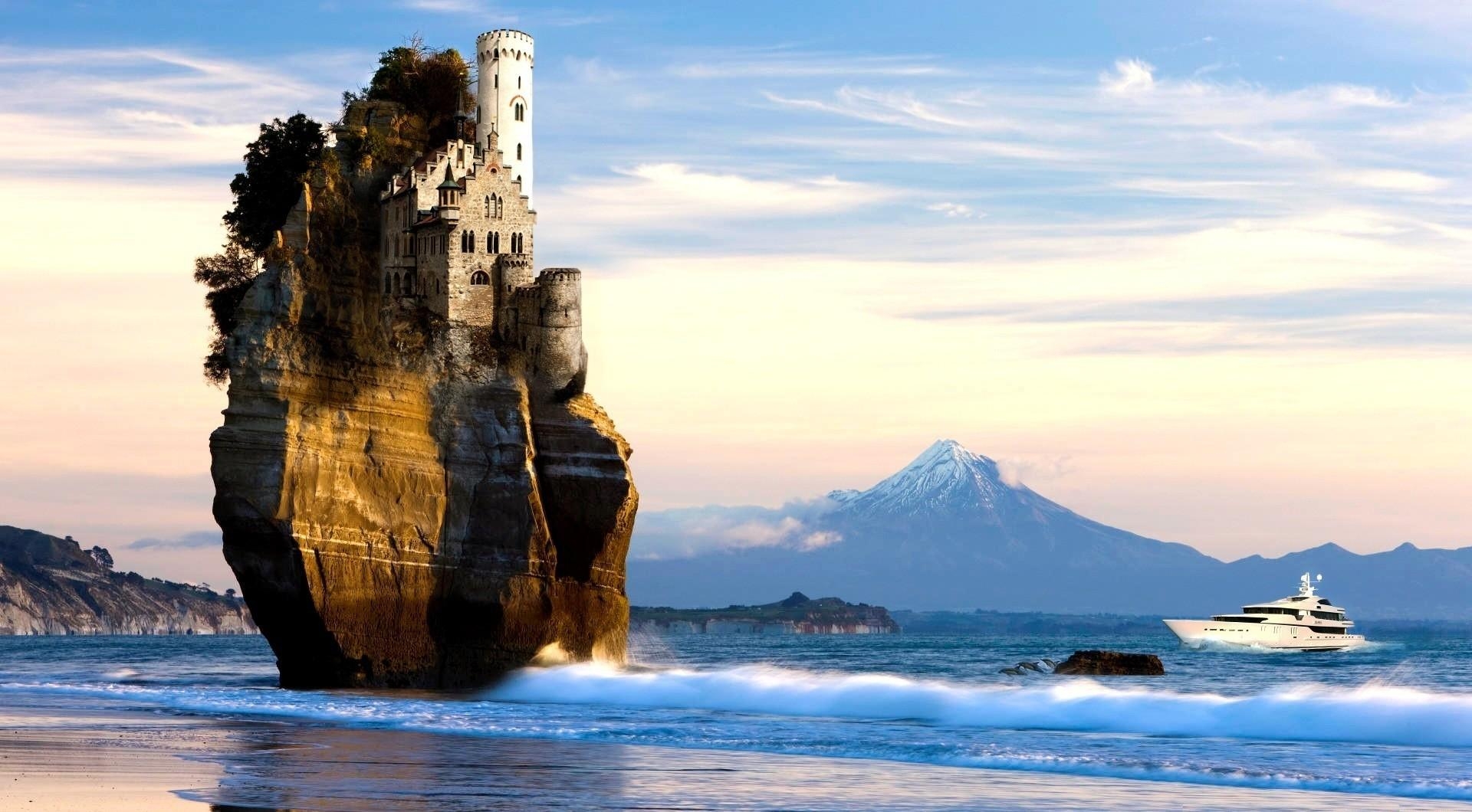 rock, sea, castle, ship, wave