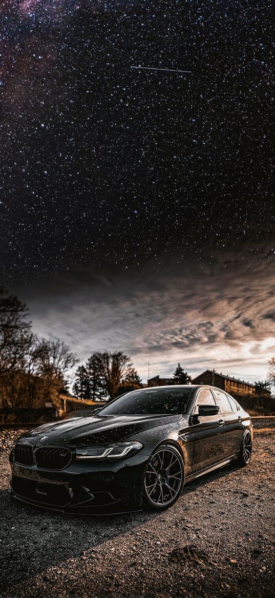 bmw m5, bmw, car, night sky, stars, sunset