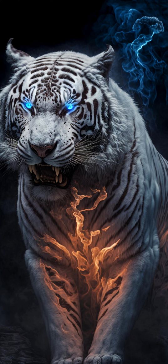 tiger, white tiger, tiger in flames, predator, white, flame