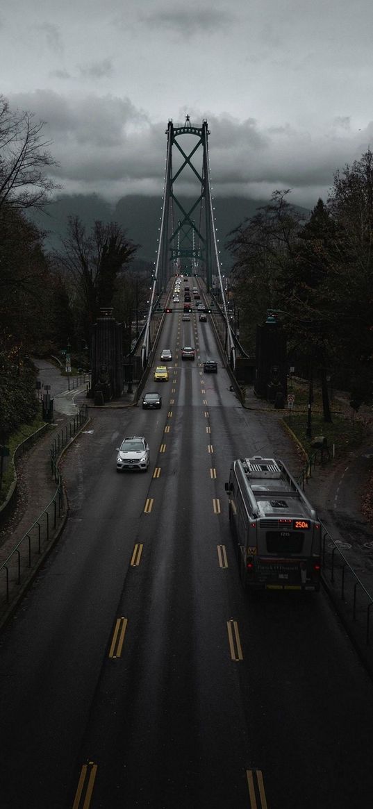 cars, road, bridge, trees, autumn, city, clouds