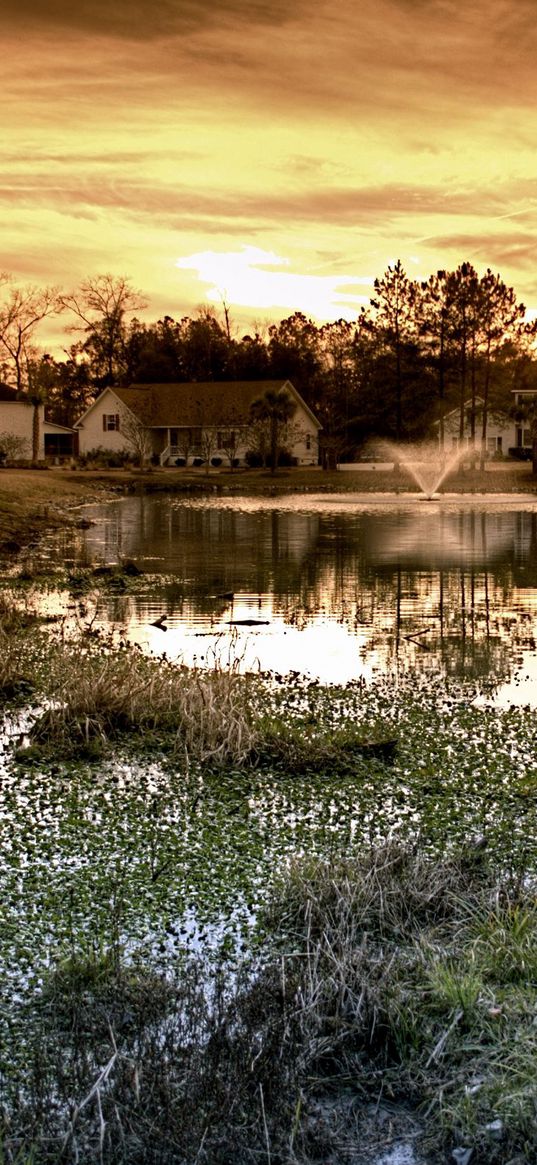 pond, fountain, houses, cloudy, evening