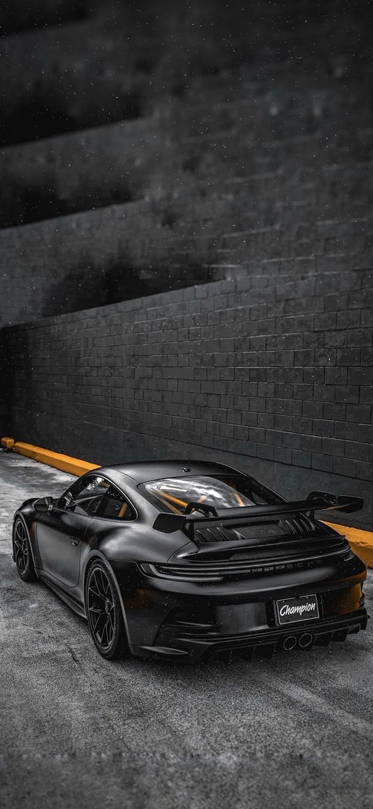 porsche, sports car, car, black, road, building, black and white