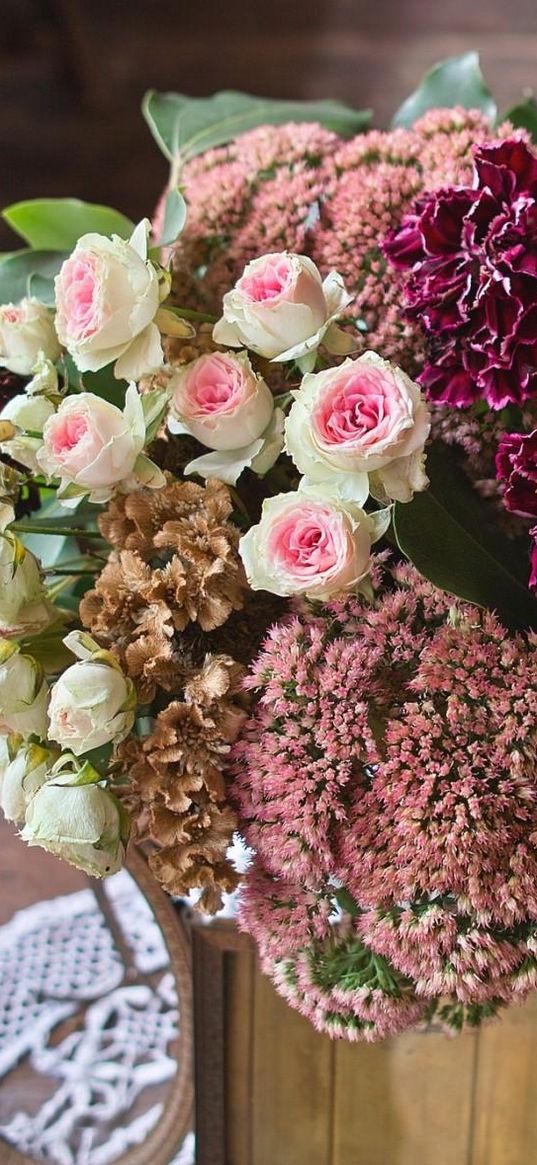 roses, carnations, flower, leaf, desk, napkin