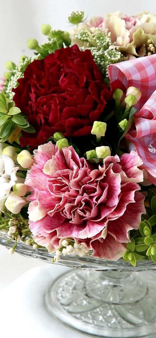 cloves, flowers, composition, vase, ribbon, decoration