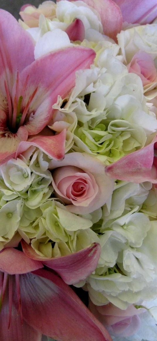 lilies, hydrangeas, roses, bouquet, decor, composition