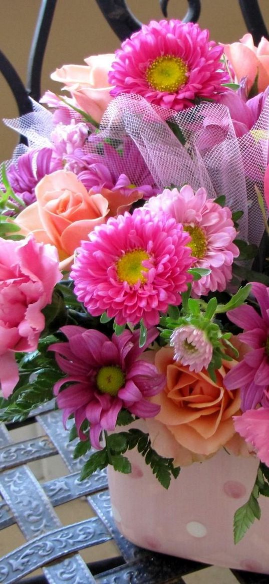 asters, carnations, roses, color, composition, chair