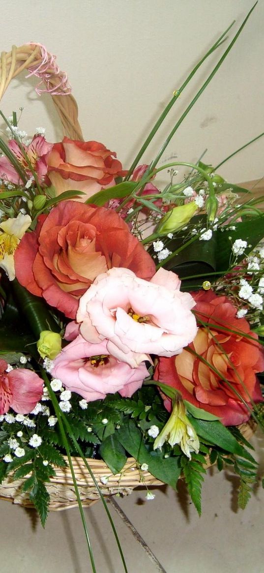 russell lisianthus, alstroemeria, roses, ferns, gypsophila, composition, basket