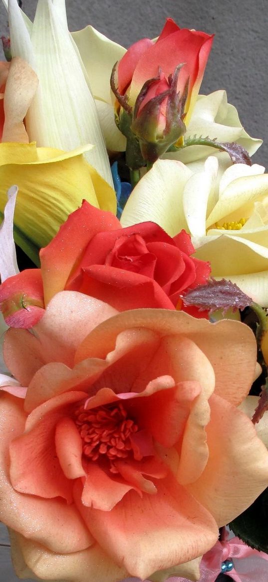 rose, calla lilies, flowers, bouquet, ribbon