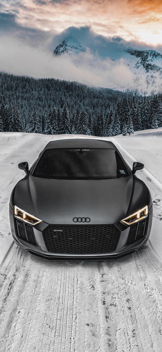 audi r8, audi, sports car, car, black, road, forest, mountains, snow, winter, nature