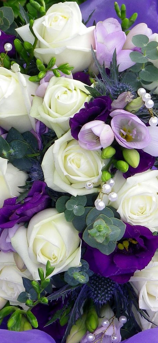 russell lisianthus, roses, freesia, decoration, flower, purple, decor