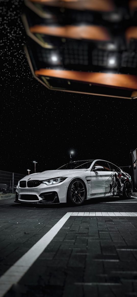 bmw, car, white, darkness, starry sky