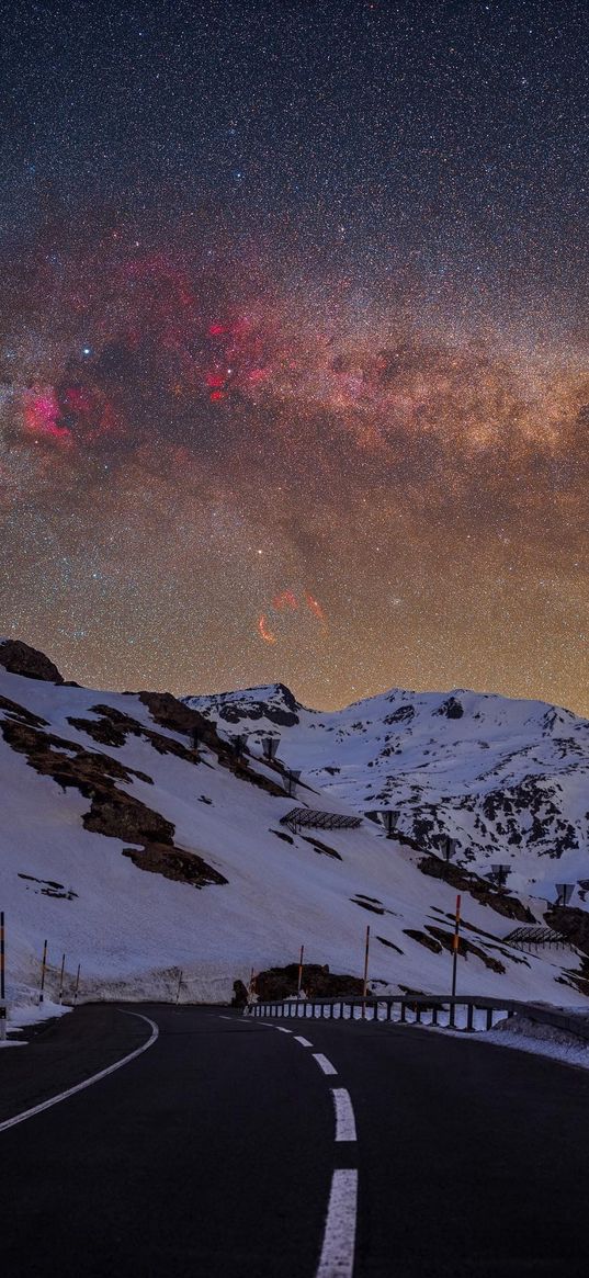 road, mountain, snow, winter, stars, orion, milky way