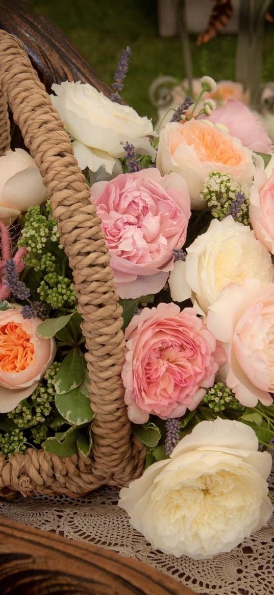 roses, flowers, basket, composition, decor